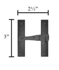 Two And A Half Inch Black Wrought Iron Barn Door Gate Latch, H shaped, with 3 inch height, and 2.5 inch width, for gates and doors.