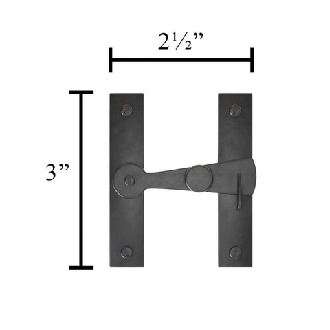 Two And A Half Inch Black Wrought Iron Barn Door Gate Latch, H shaped, with 3 inch height, and 2.5 inch width, for gates and doors.