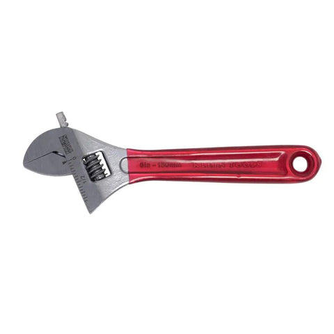 Extra Capacity Adjustable Wrench With Forged Alloy Steel Jaw, High Polish Chrome Finish, 6 1/2 Inch Length, red handle
