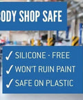 Body shop background with text emphasizing silicone-free, paint-safe, and plastic-safe qualities of 11 Ounce Penetrating Oil.