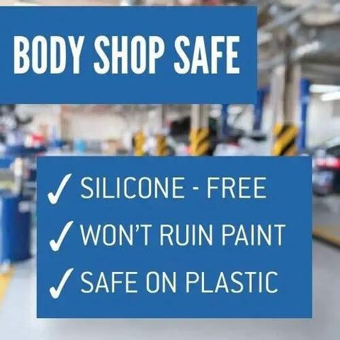 Body shop background with text emphasizing silicone-free, paint-safe, and plastic-safe qualities of 11 Ounce Penetrating Oil.