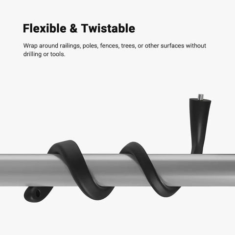 Flexible twist mount securely wrapped around a metal pole for indoor and outdoor security cameras in black.
