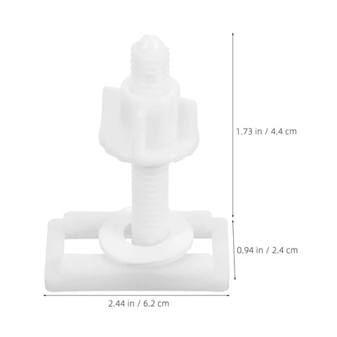 Close-up of a 10 Pieces Universal Toilet Seat Bolts Kit With Nuts And Washers In ABS Plastic, showing dimensions in inches and cm.
