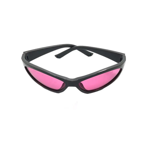 Pro Grade Near Infrared Laser Safety Glasses Locked In Sharp OD5 Plus Shield For 755Nm And 808Nm Diodes Clear Lens, black frames, pink lenses.