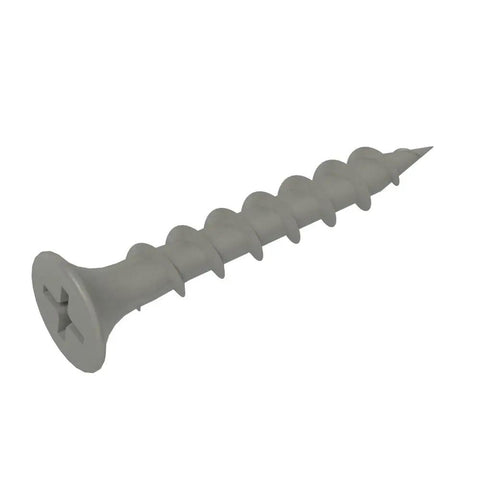 Heavy Duty Exterior Deck Screws For Pressure Treated Lumber Phillips Bugle Head Coarse Thread 1 1/4 In By 9 Gauge showing the screw's design.