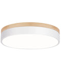 Minimalist wood and white round ceiling light fixture, modern design, showcased in clean perspective against a white background.