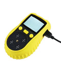 Portable Carbon Monoxide Detector With 0 To 1000 PPM Range IP65 Water Resistant Loud Alarm And Light Alerts Lightweight Clip On CO Meter For Home Or On The Go Easy Read LCD Display, close-up view, bright yellow casing with LCD screen and buttons.