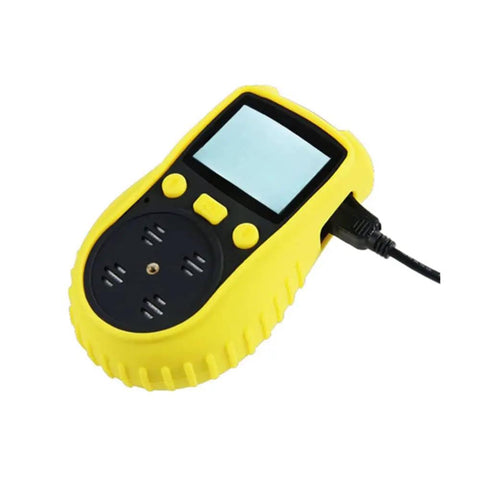Portable Carbon Monoxide Detector With 0 To 1000 PPM Range IP65 Water Resistant Loud Alarm And Light Alerts Lightweight Clip On CO Meter For Home Or On The Go Easy Read LCD Display, close-up view, bright yellow casing with LCD screen and buttons.