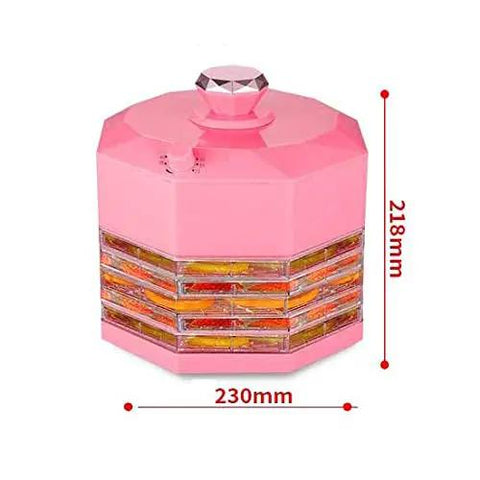 Dang Sweet Compact 5 Tray Food and Pet Dehydrator Machine With 8 Speed Controls for Drying Fruits Vegetables Meats Herbs and Jerky No Fuss Operation for Kitchen or Bedroom Anytime Convenience, pink design with transparent trays.