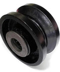 Tough As Nails 4 Inch Steel Roller Bearing V Groove Wheel For Sliding Gate Track With Sealed Bearings 900 Lb Capacity Smooth Rolling Black Finish No Bracket Needed, showing the black steel wheel and bearing.