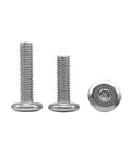 Top Shelf 304 Stainless Steel Furniture Connector Bolts Hex Flat Head Allen Screws 5/16 Inch Thread 2 1/2 Inch Length 200 Pack displayed in three sizes.
