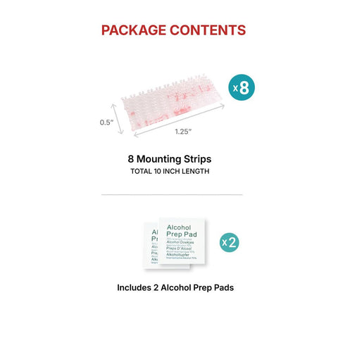 Package contents: 8 adhesive mounting strips 10 inches long, 2 alcohol prep pads. Heavy Duty EZ Pass Mounting Strips With Adhesive For All Toll Passes IPass FasTrak IZo Weatherproof No Sweat Installation And Removal Includes 8 Strips And Prep Pads.