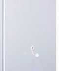 Heavy Hitter Upright All Freezer With Dead On Temp Accuracy And Nist Data Logger With High Low Alarm Built For Pharmacy Vaccine Storage Left Hand Door Swing view of the white door with a probe access port.