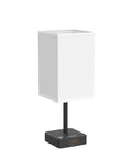 Bluetooth WiFi RGB Bedside Lamp With 3 USB Ports And 2 Outlets Power Strip Dimmable LED Bulb with sleek white shade.