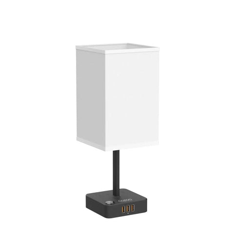 Bluetooth WiFi RGB Bedside Lamp With 3 USB Ports And 2 Outlets Power Strip Dimmable LED Bulb with sleek white shade.