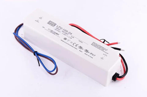 Beefy 100.8W 24V 4.2A Switching Power Supply IP67 Fully Encapsulated Universal AC Input Constant Voltage Minus Ten To Seventy Celsius CE FCC RoHS Certified Industrial Grade PSU For Harsh Environments white IP67 sealed PSU with wired leads