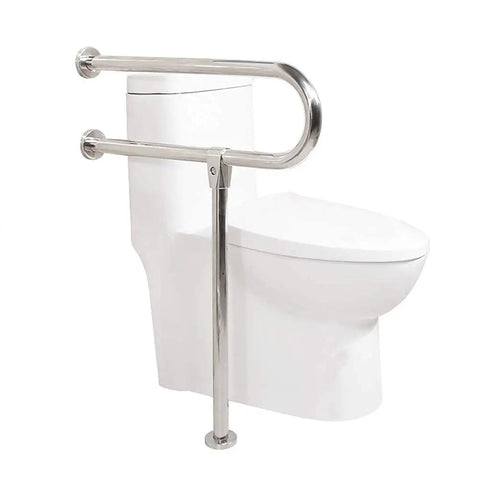 Heavy Duty 304 Stainless Steel Bathroom Handrail Tough As Nails Grab Bar For Wheelchair Accessibility Non Slip Shower Support Railing next to a toilet.