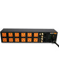 Premium 12 Outlet Power Conditioner With Automated Voltage Sequencing And Next Level Surge Blocking For Serious Home Theater Gear Featuring Coax And Ethernet Network Filtering in black with orange outlets.