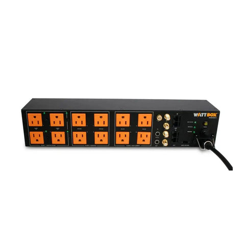 Premium 12 Outlet Power Conditioner With Automated Voltage Sequencing And Next Level Surge Blocking For Serious Home Theater Gear Featuring Coax And Ethernet Network Filtering in black with orange outlets.