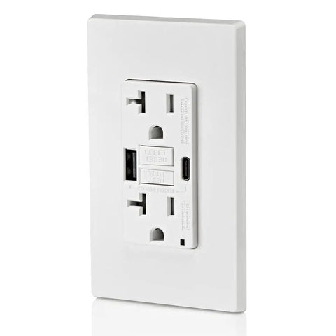 Self Test GFCI In Wall USB Charger With Type A And Type C USB Ports Delivers 4.8A Total Charging Power Continuous Ground Fault Protection