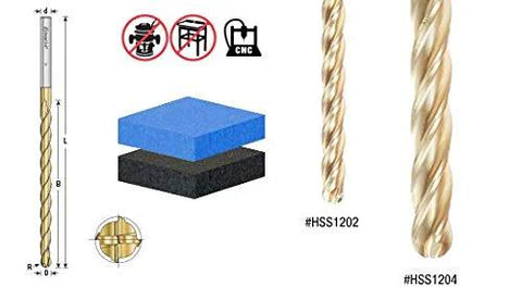 Amana Tool HSS foam-cutting end mills, extended reach, 1/2 in dia; two bits shown with foam block and dimension diagram