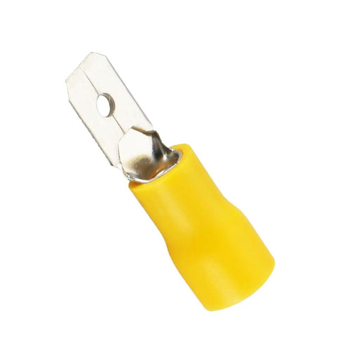Close-up of 1/4 Inch Yellow Vinyl Insulated Quick Disconnect Spade Wire Connectors For 12-10 AWG Cables, 6.3mm Crimp Terminals