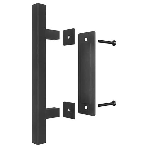 Two Pack 12 Inch Barn Door Handles Set With Rustic Two Side Pull And Flush Sliding Design For Gates, Garages, Sheds, And Furniture In Black Square Finish, Includes All Mounting Hardware For Quick DIY Install, front view