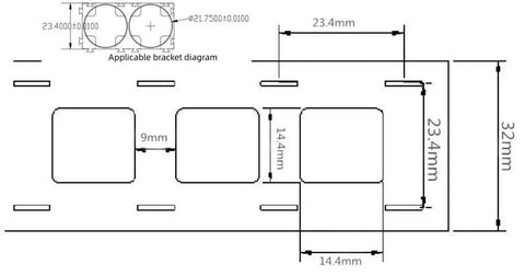 Diagram of Pro Grade Nickel Plated Battery Welding Strips 0.15x32mm for 21700 Cells showing dimensions and spacing.