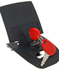 Z314NM Hinge For Top Case Black Durable Metal Construction with red keys inserted, suitable for E460 and E30 luggage boxes.