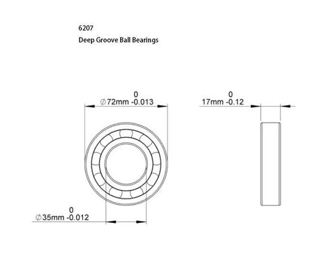 Technical diagram of Five Pack 6207 2RS Deep Groove Ball Bearings 35x72x17mm Double Sealed Pre Lubricated For High RPM Built Tough Durable Bearings.