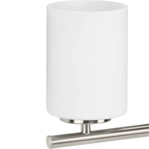 Close-up of etched white glass on brushed nickel base from Four Light Etched White Glass Modern Bathroom Vanity Light Replay Collection.
