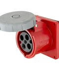 100 Amp 480 Volt AC Three Phase Pin And Sleeve Receptacle With IEC Grounding and Heavy Duty Nylon Housing Crafted Tough For Busy Job Sites and Rapid Hookups In Classic Red showing the socket and protective cover.