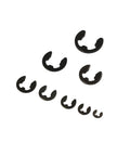 Assorted sizes of 580 Piece External Retaining Ring E Clip Circlip Washer Kit 1.5 To 10mm Black Carbon Steel, DIY parts visible