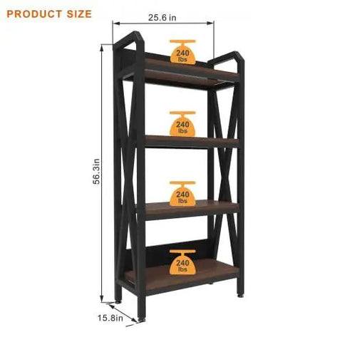 4 Tier Farmhouse Bakers Rack Heavy Duty Metal Wood Shelves Built Like A Tank Rock Solid X Brace Reinforcement Sleek Industrial Design Ultimate Kitchen Storage Solution 25.6 Inch Width with dimensions displayed.