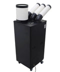 Pro Grade Heavy Duty Industrial Spot Cooler And Portable Commercial Air Conditioner Packing Badass 22500 Btu Hour Cooling For Indoor And Outdoor Workspaces Featuring Turbo Fan And Flexible Ducts, black unit with three duct outlets.
