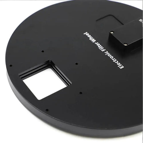 Seven Slot 50mm Aluminum Filter Wheel for Astronomy Cameras and Telescopes, Square Mount, CNC Machined, top view detail