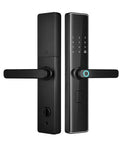 Game Changing Smart Door Lock With Smooth Fingerprint Recognition Password Keyless Entry Remote Control Auto Locking and Anti Spoof Technology black smart lock with keypad and lever handle.