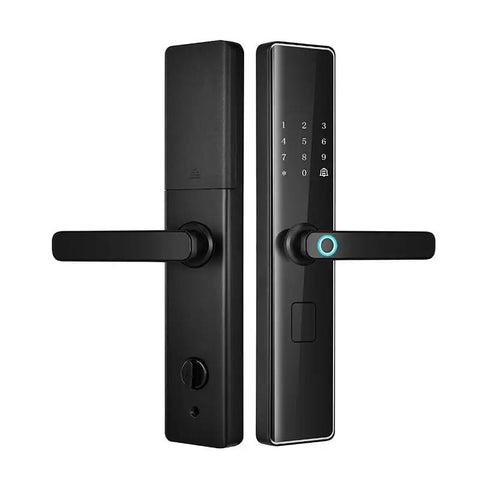 Game Changing Smart Door Lock With Smooth Fingerprint Recognition Password Keyless Entry Remote Control Auto Locking and Anti Spoof Technology black smart lock with keypad and lever handle.