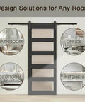 48 Inch By 84 Inch 5 Lite Tempered Frosted Glass Sliding Barn Door With Black Finish Composite Interior Hardware Kit And Rail System Left Or Right Mount Easy Assembly Dope Modern Farmhouse Vibe.