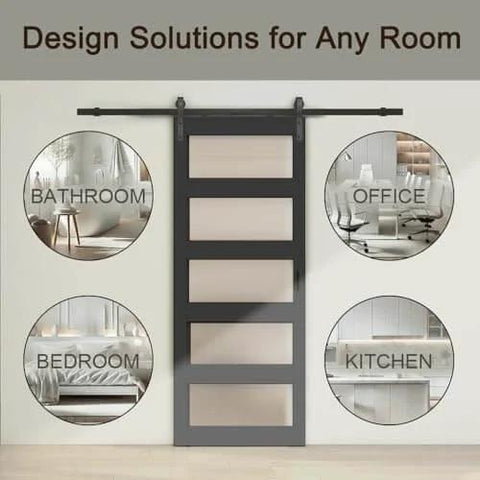 48 Inch By 84 Inch 5 Lite Tempered Frosted Glass Sliding Barn Door With Black Finish Composite Interior Hardware Kit And Rail System Left Or Right Mount Easy Assembly Dope Modern Farmhouse Vibe.
