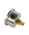 Side view of inline automotive fuel pressure regulator with a silver metal body and brass 1/8in NPT fitting