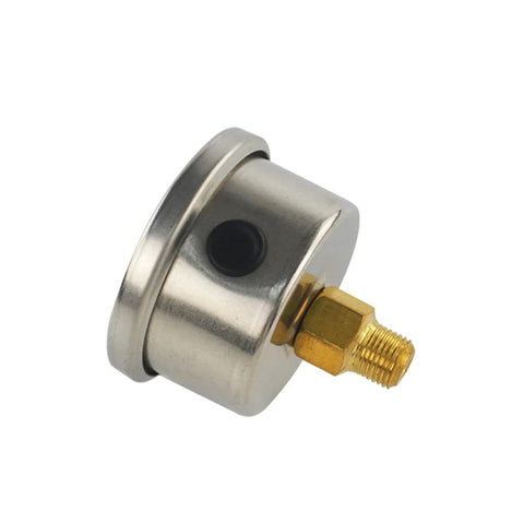 Side view of inline automotive fuel pressure regulator with a silver metal body and brass 1/8in NPT fitting