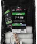 Eight Piece Heavy Duty Metal Paint Tray And Roller Kit With Deep Well Basin Angle Brush Premium Woven Covers And Trim Applicators, featuring paint rollers and a brush.