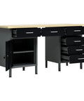 Heavy Duty 63 Inch Steel Workbench With Lockable Cabinet And Six Drawers, shown with open drawers and cabinet