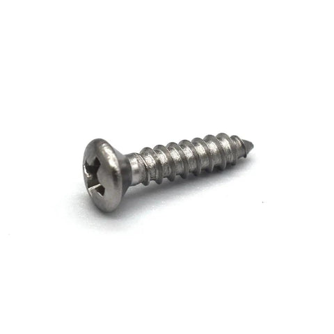 One Hundred Pack Four By Half Inch Stainless Steel Guitar Pickguard Screws Phillips Head Oval Replacement Hardware For Fender Stratocaster Telecaster Uncoated Durable Badass Setup, single screw close-up.