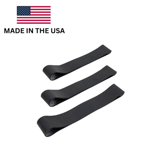 3-Pack of Heavy Duty Rubber Fire Helmet Bands for Modern and Traditional Helmets, shown with USA flag logo, made in the USA.