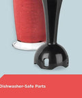 Black Two Speed Immersion Blender with Heavy Duty Stainless Steel Blades and Ergonomic Handle Easily Purees Soups Whips Sauces and Mixes Batters No Sweat One Touch Control plus Detachable Head for Dishwasher Cleaning a Snap with a bowl of blended red sauce.