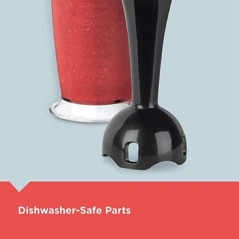 Black Two Speed Immersion Blender with Heavy Duty Stainless Steel Blades and Ergonomic Handle Easily Purees Soups Whips Sauces and Mixes Batters No Sweat One Touch Control plus Detachable Head for Dishwasher Cleaning a Snap with a bowl of blended red sauce.