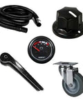 Assorted industrial components: hose, knob, gauge, handle, caster. Not related to Blue Thread Locker For Strong Bolts Keeps Fasteners From Loosening In Tools And Machinery Pro Grade Quick Drying Sealant For Home Shop And Industrial Projects.