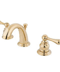 Old School Victorian Mini Widespread Lavatory Faucet With Brass Pop Up Drain Polished Brass Finish 4 Inch Adjustable Center 8 To 16 Inch Spread All Brass Drip Free Washerless Cartridge 1.2 GPM At 60 PSI Deck Mount 3 Hole Install
